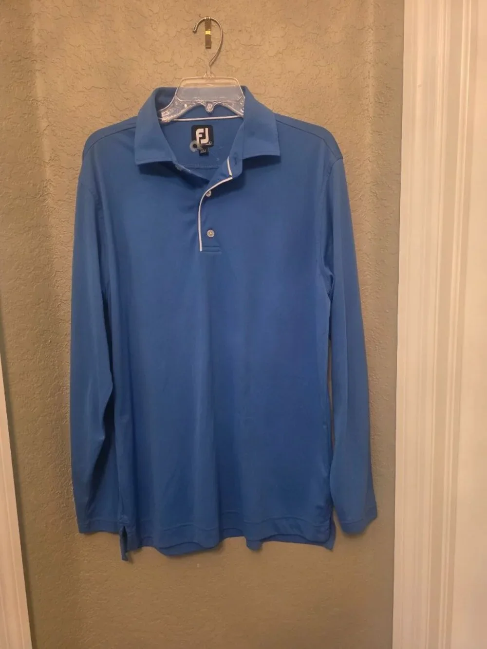 Footjoy Men's Blue White Piped Long Sleeve Performance Golf Shirt L EUC